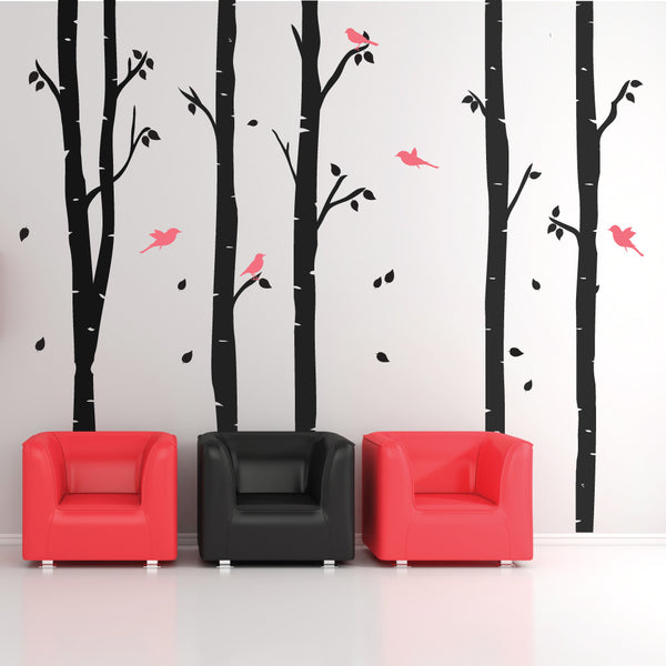 Birch Trees With Birds And Leafs Wall Stickers