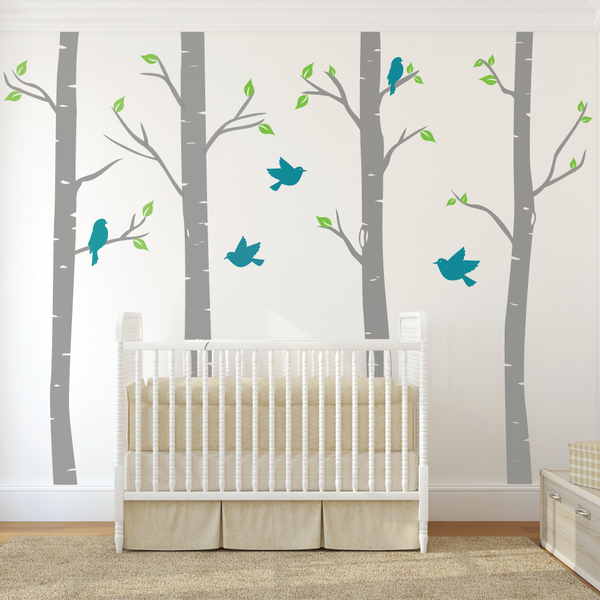 Nursery Birch Trees With Birds Wall Stickers