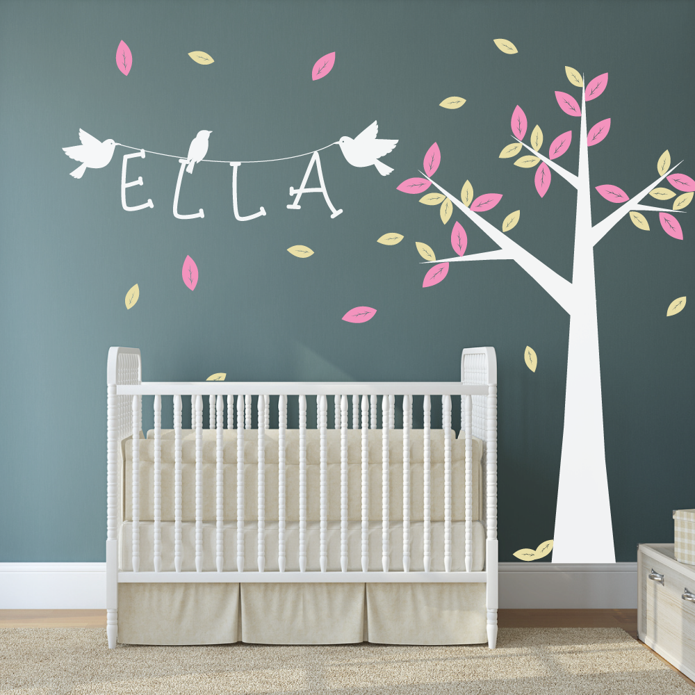 Nursery Tree With Name And Birds Wall Stickers By Wallboss