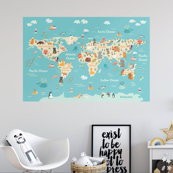Kids World Map Countries Animals Educational