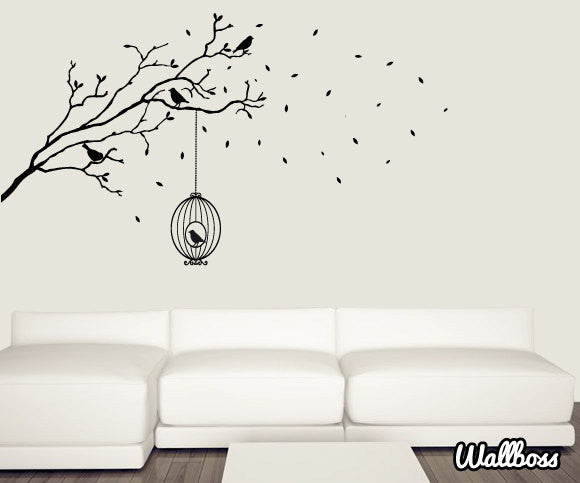 Branch With Bird Cage Wall Stickers